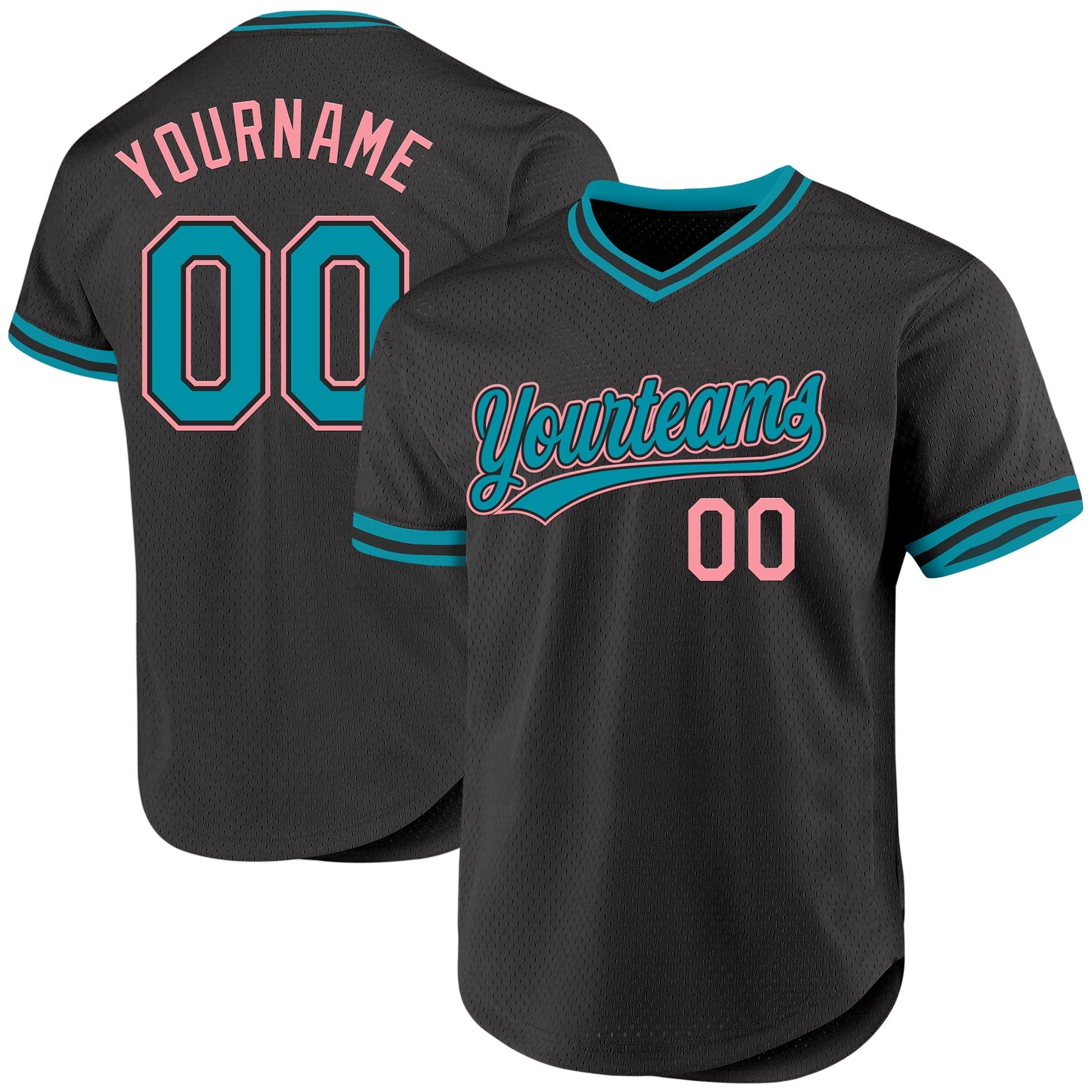 Custom Black Teal-Medium Pink Authentic Throwback Baseball Jersey baseball jersey product view 1
