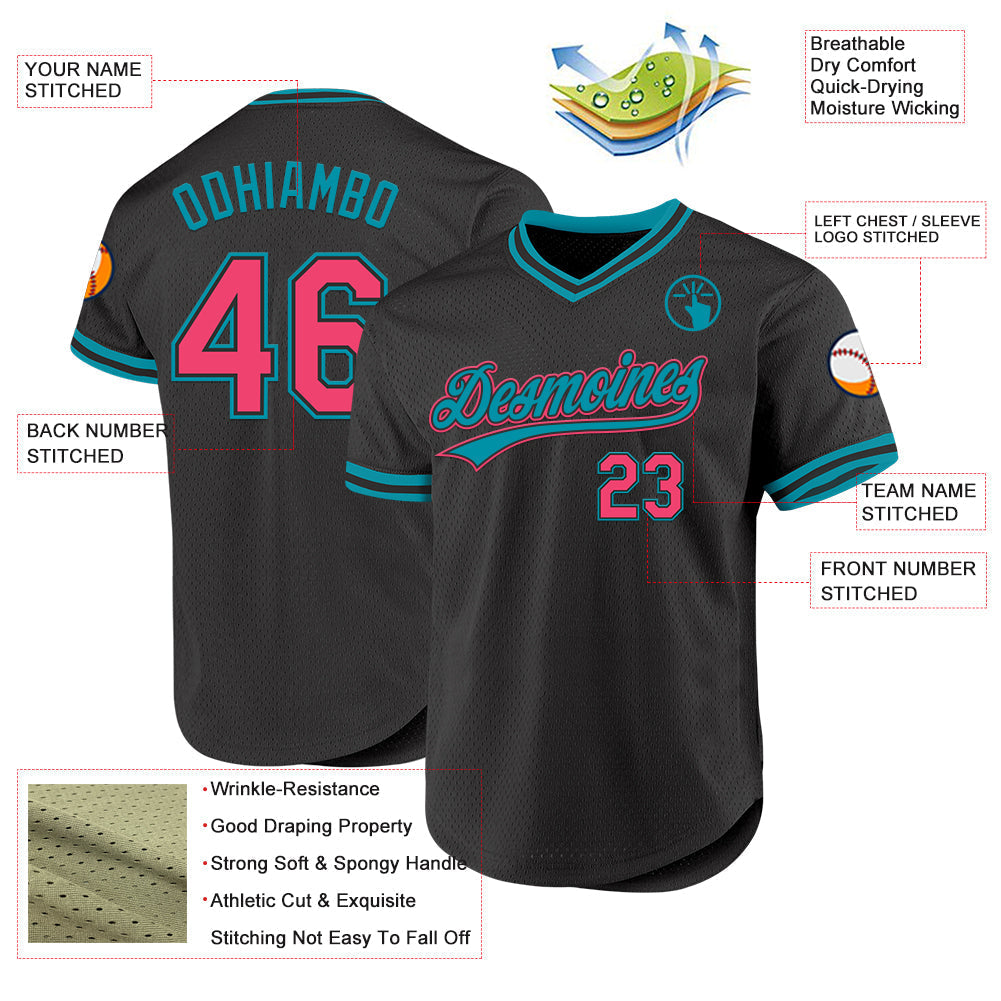 Custom Black Neon Pink-Teal Authentic Throwback Baseball Jersey baseball jersey product view 3