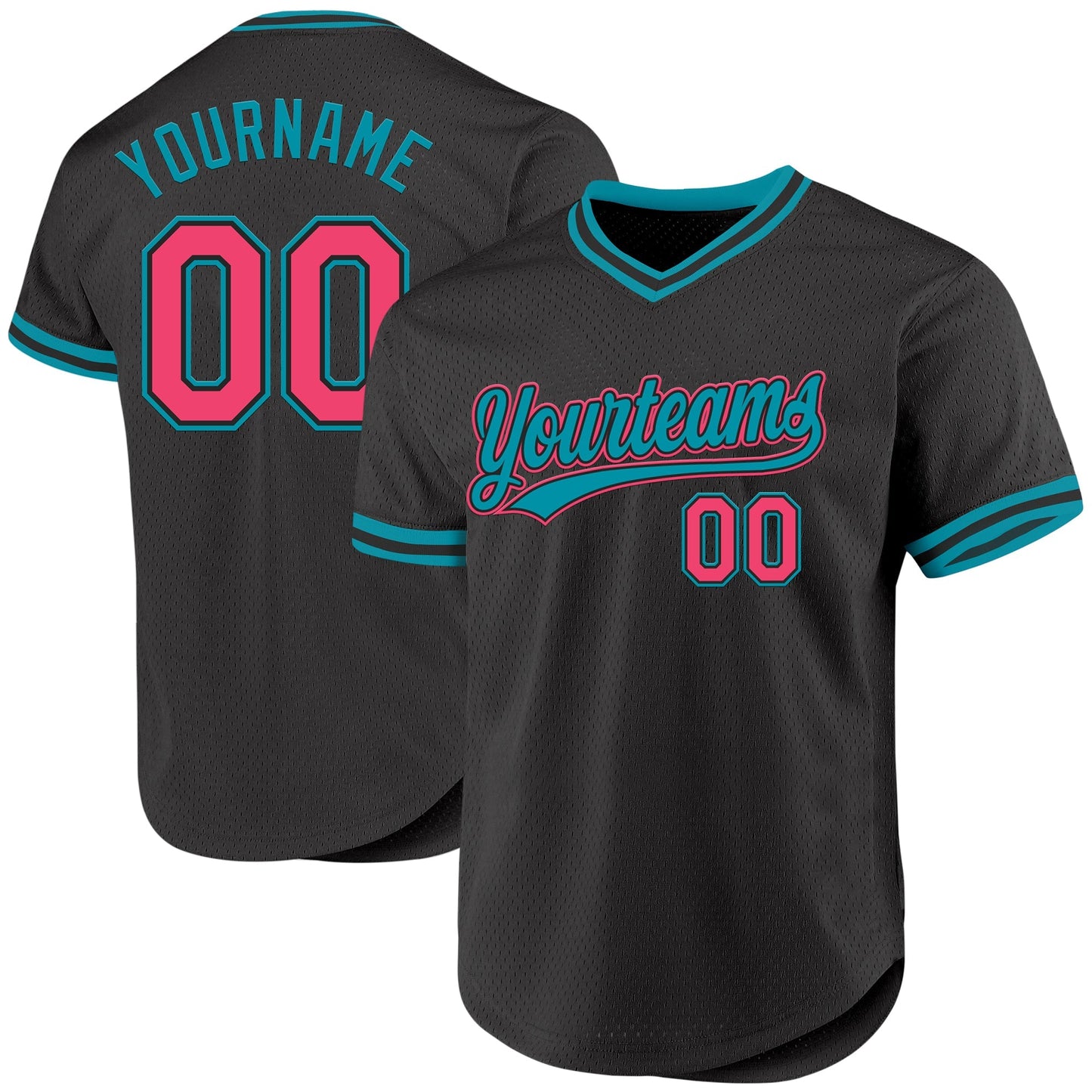 Custom Black Neon Pink-Teal Authentic Throwback Baseball Jersey baseball jersey product view 1