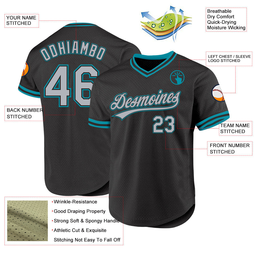 Custom Black Gray-Teal Authentic Throwback Baseball Jersey baseball jersey product view 3