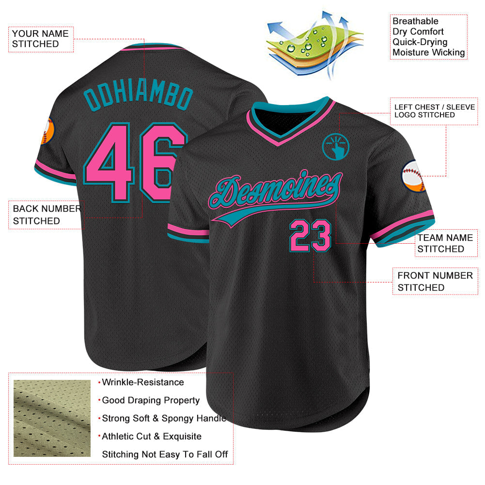 Custom Black Pink-Teal Authentic Throwback Baseball Jersey baseball jersey product view 3