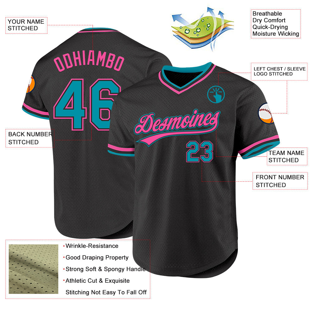 Custom Black Teal-Pink Authentic Throwback Baseball Jersey baseball jersey product view 3