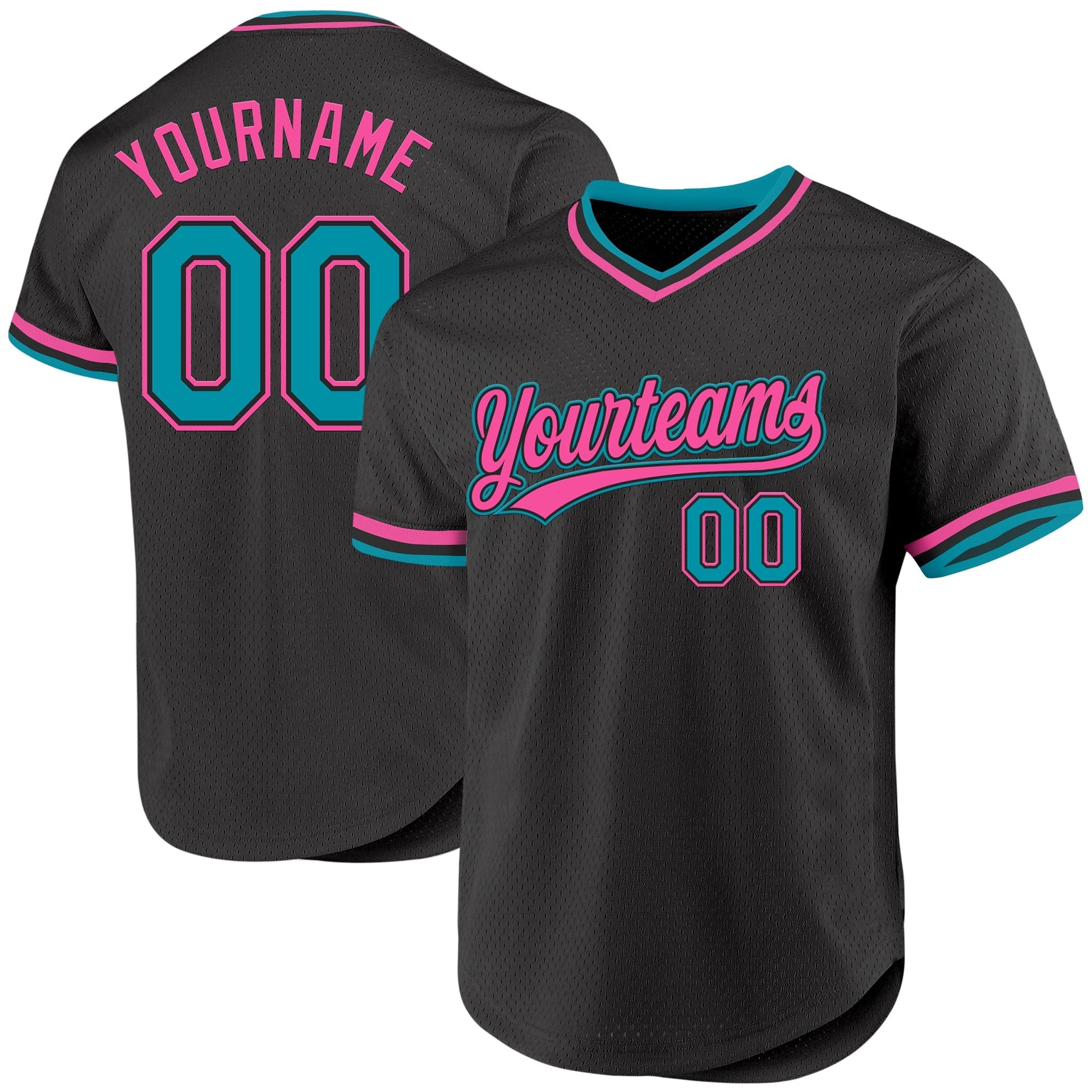 Custom Black Teal-Pink Authentic Throwback Baseball Jersey baseball jersey product view 1