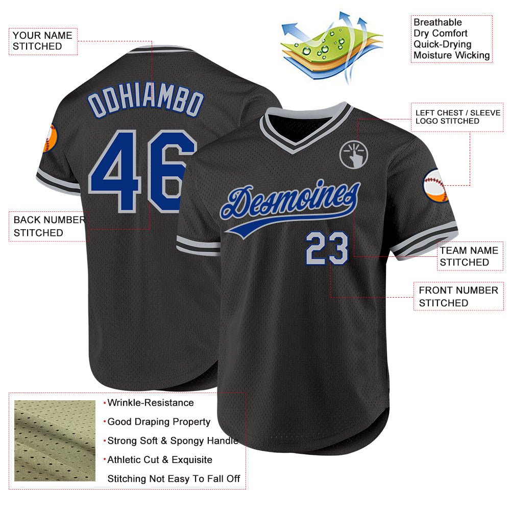 Custom Black Royal-Gray Authentic Throwback Baseball Jersey baseball jersey product view 3