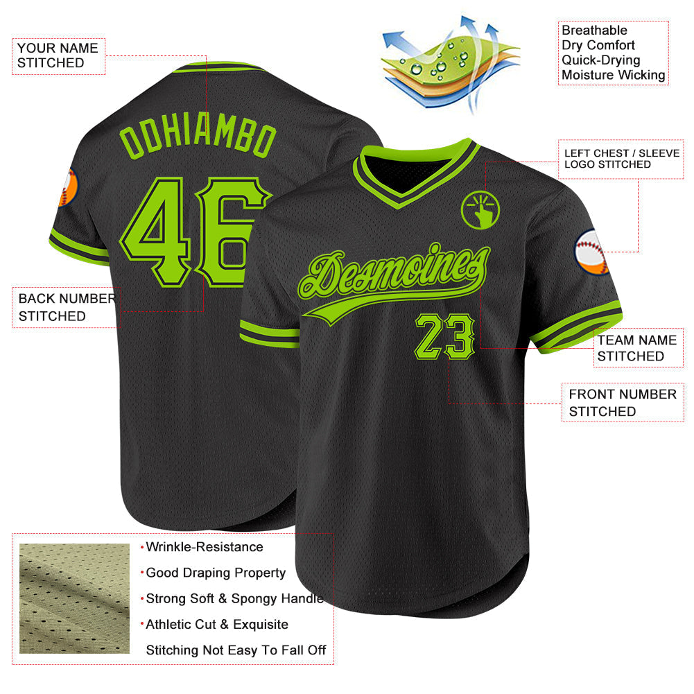 Custom Black Neon Green Authentic Throwback Baseball Jersey baseball jersey product view 3