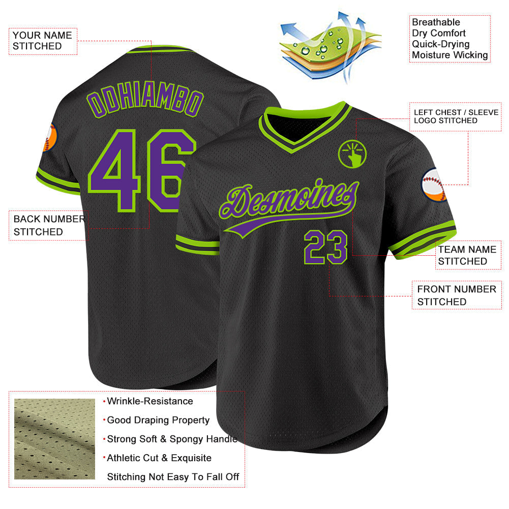 Custom Black Purple-Neon Green Authentic Throwback Baseball Jersey baseball jersey product view 3