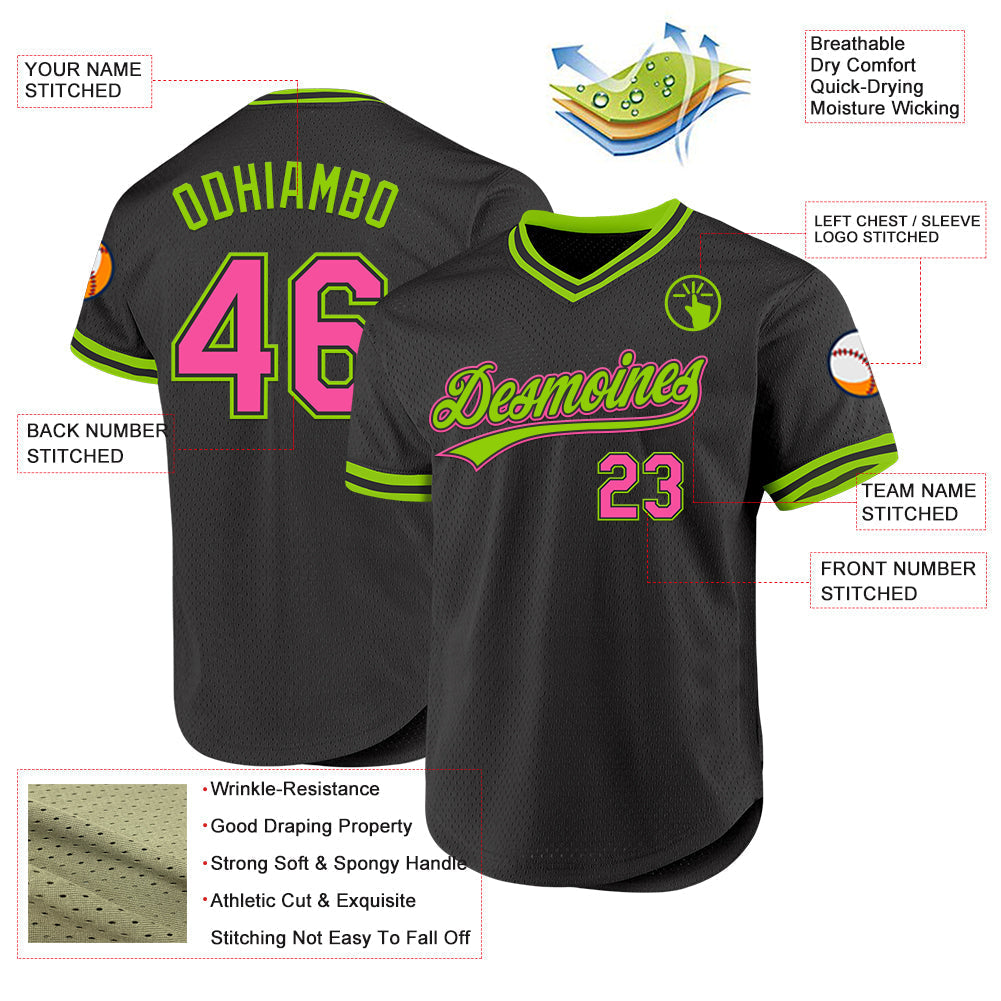 Custom Black Pink-Neon Green Authentic Throwback Baseball Jersey baseball jersey product view 3