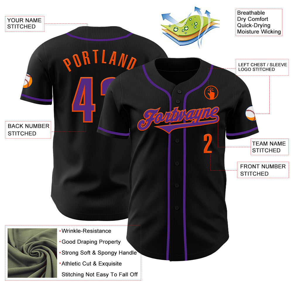 Custom Black Purple-Orange Authentic Baseball Jersey baseball jersey product view 3