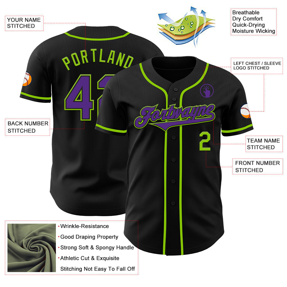 Custom Black Purple-Neon Green Authentic Baseball Jersey baseball jersey product view 3