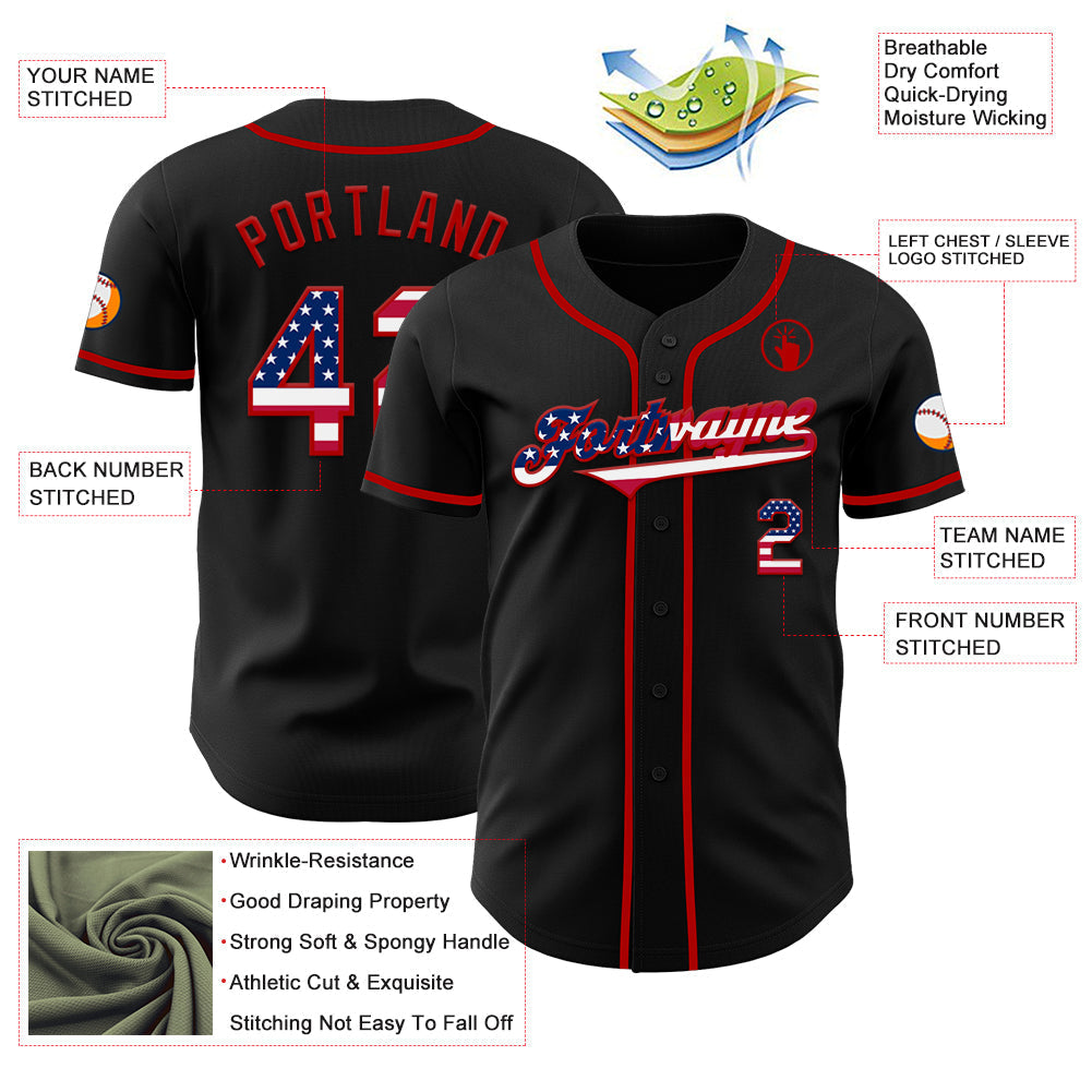 Custom Black USA Flag-Red Authentic Baseball Jersey baseball jersey product view 3