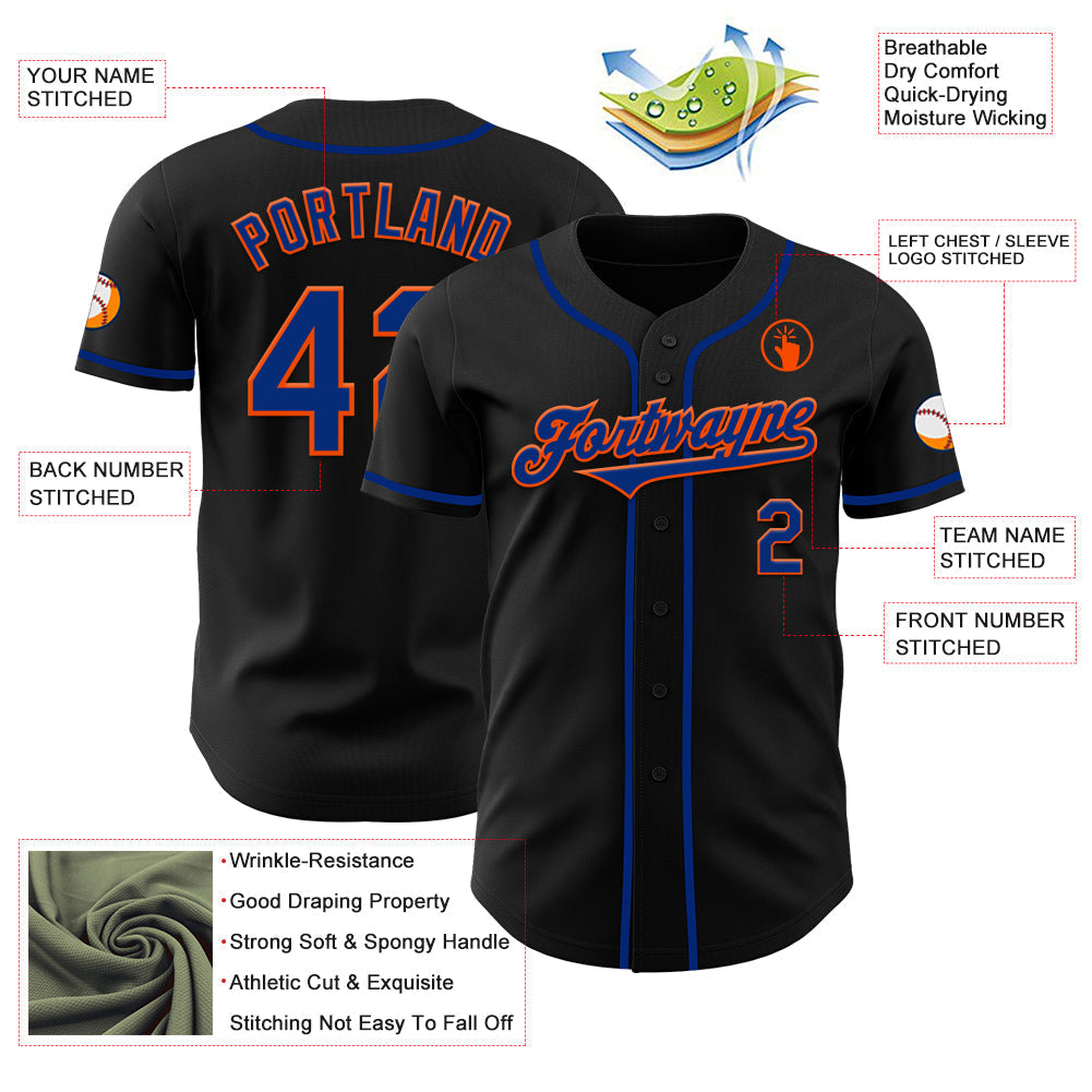 Custom Black Royal-Orange Authentic Baseball Jersey baseball jersey product view 3