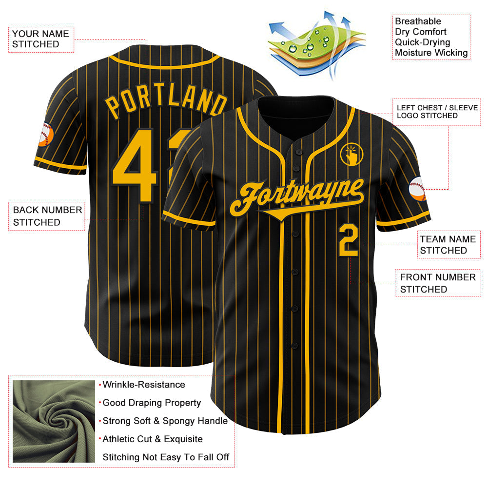 Custom Black Gold Pinstripe Gold Authentic Baseball Jersey baseball jersey product view 3
