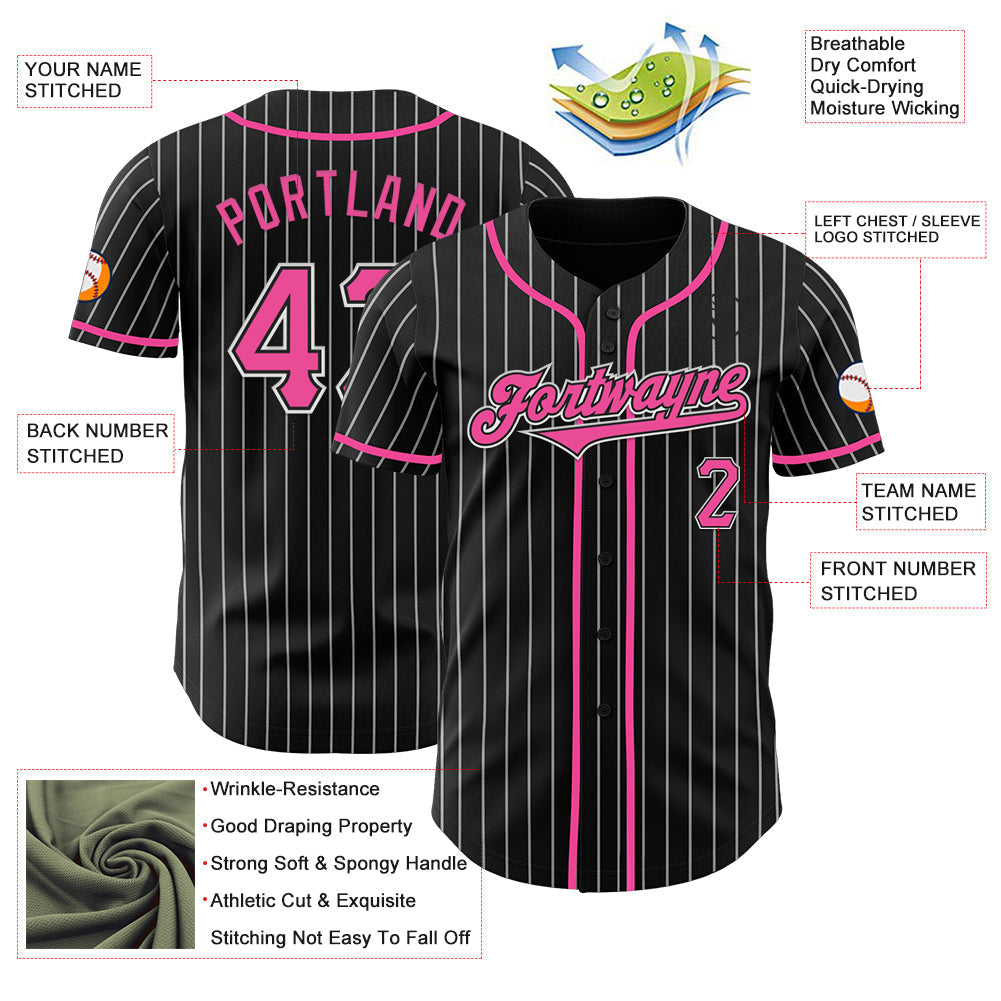 Custom Black White Pinstripe Pink Authentic Baseball Jersey baseball jersey product view 3