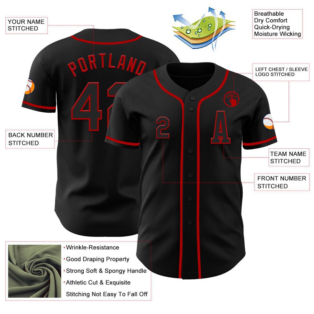 Custom Black Red Authentic Baseball Jersey baseball jersey product view 2