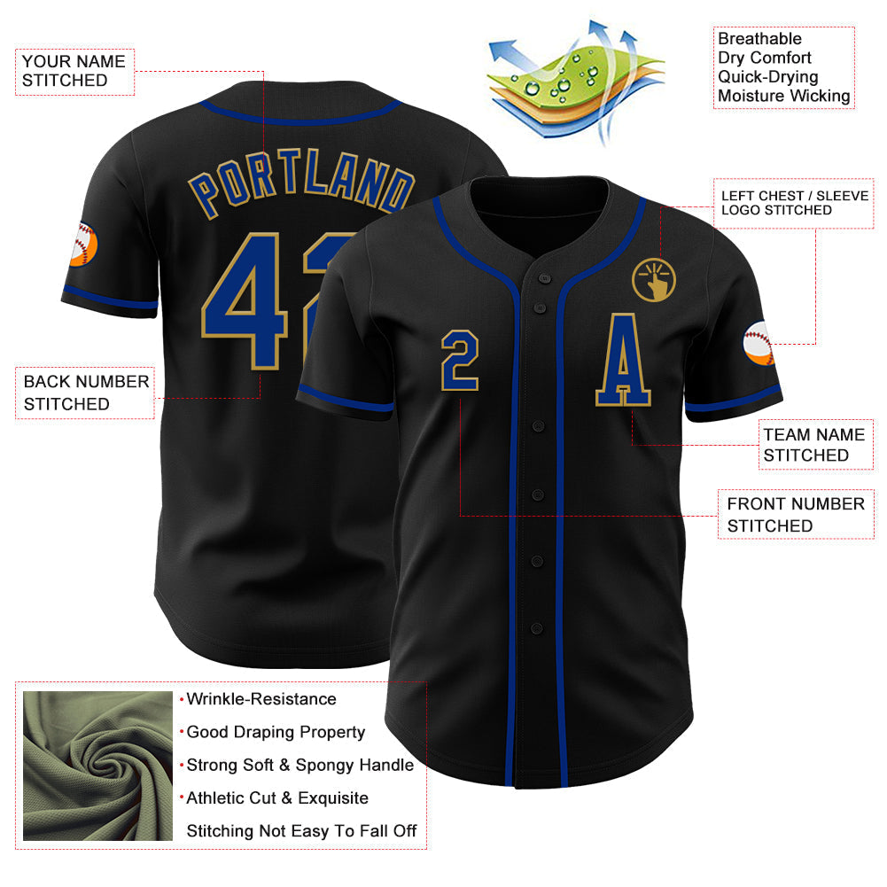 Custom Black Royal-Old Gold Authentic Baseball Jersey baseball jersey product view 2