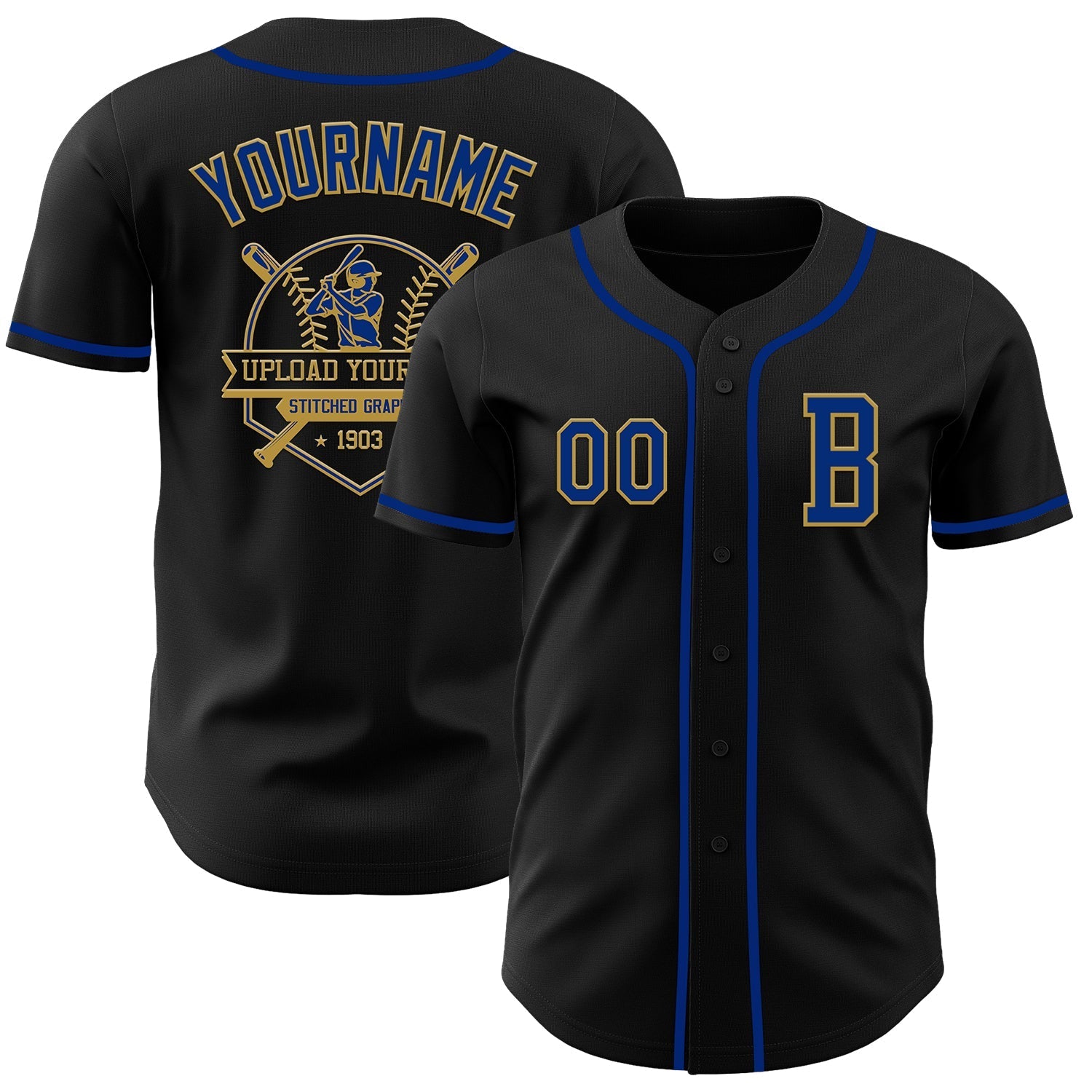 Custom Black Royal-Old Gold Authentic Baseball Jersey baseball jersey product view 5