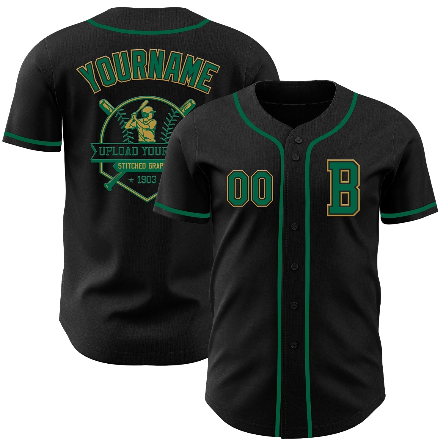 Custom Black Kelly Green-Old Gold Authentic Baseball Jersey baseball jersey product view 5