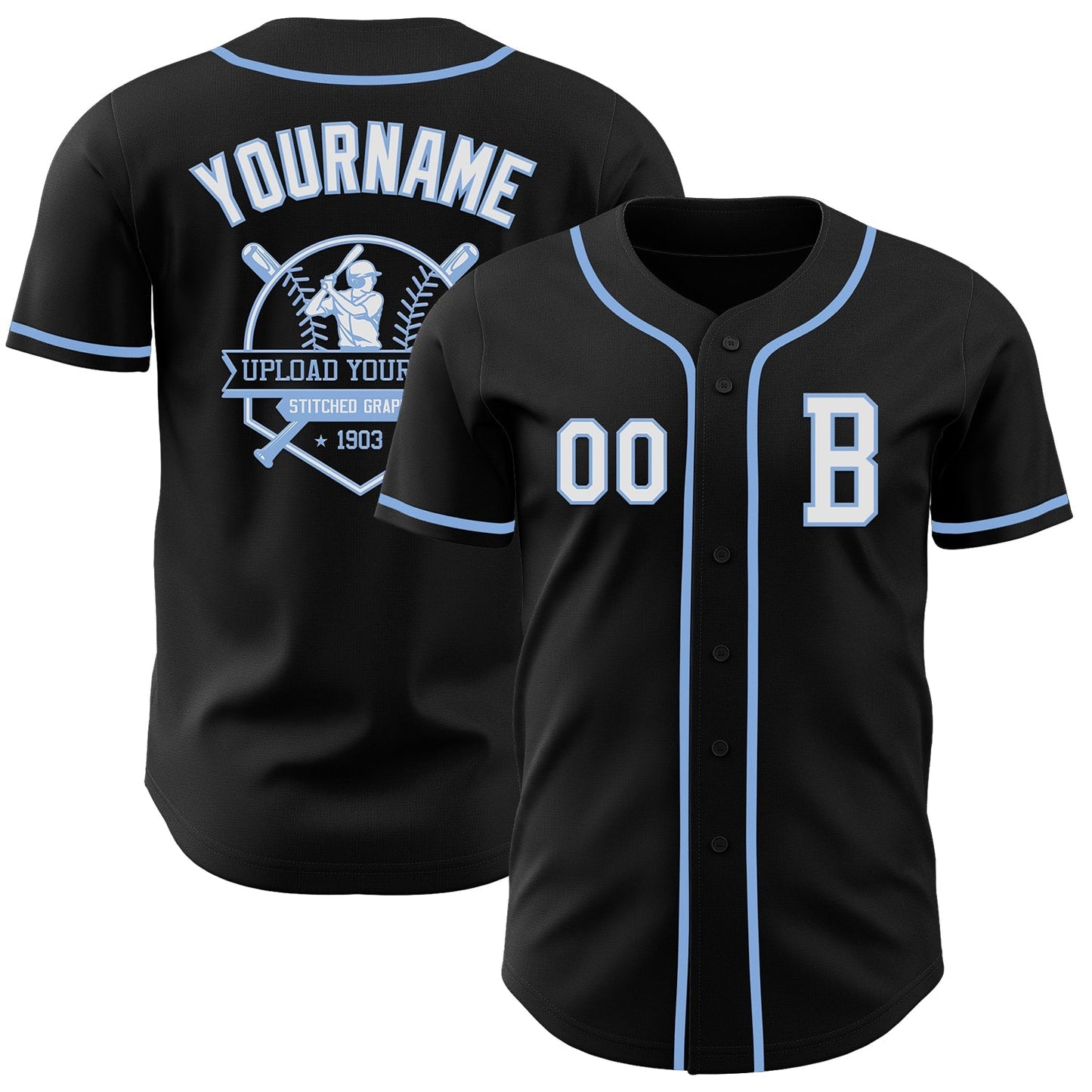 Custom Black White-Light Blue Authentic Baseball Jersey baseball jersey product view 5