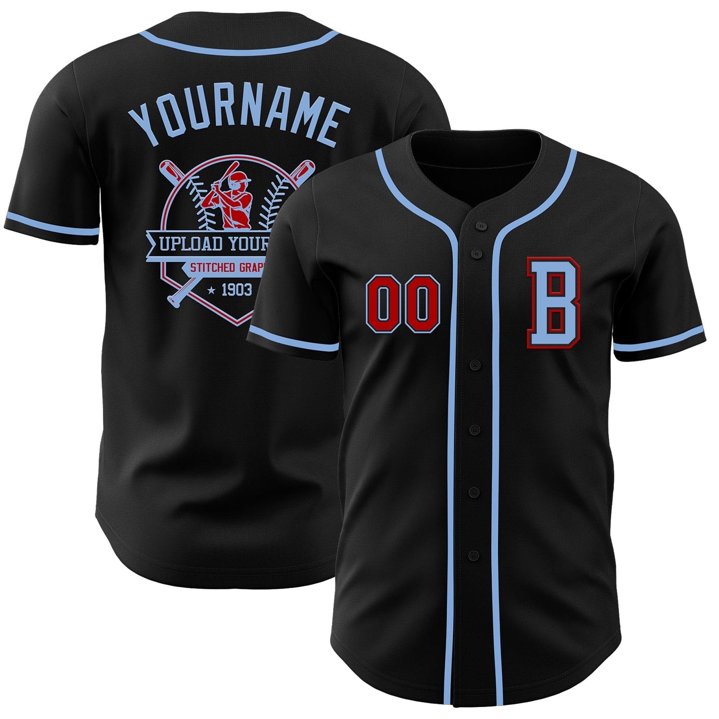 Custom Black Red-Light Blue Authentic Baseball Jersey baseball jersey product view 5