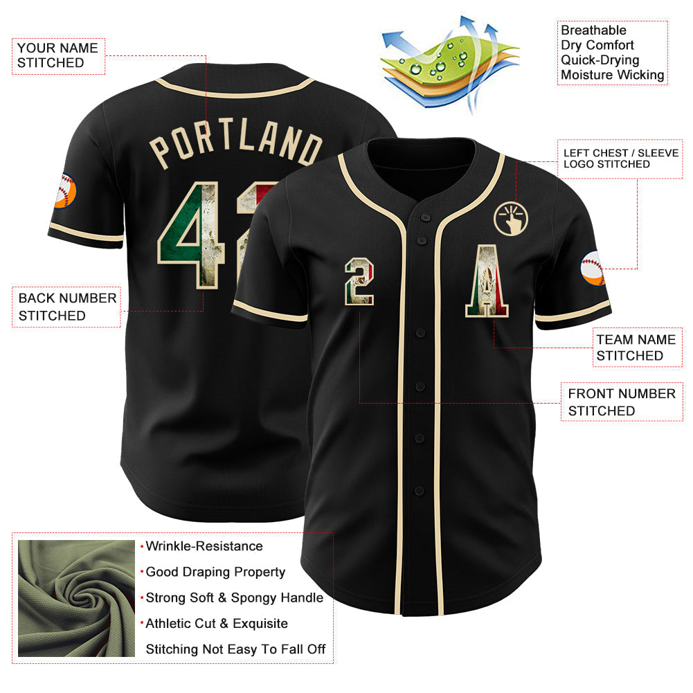 Custom Black Vintage Mexican Flag-Cream Authentic Baseball Jersey baseball jersey product view 2