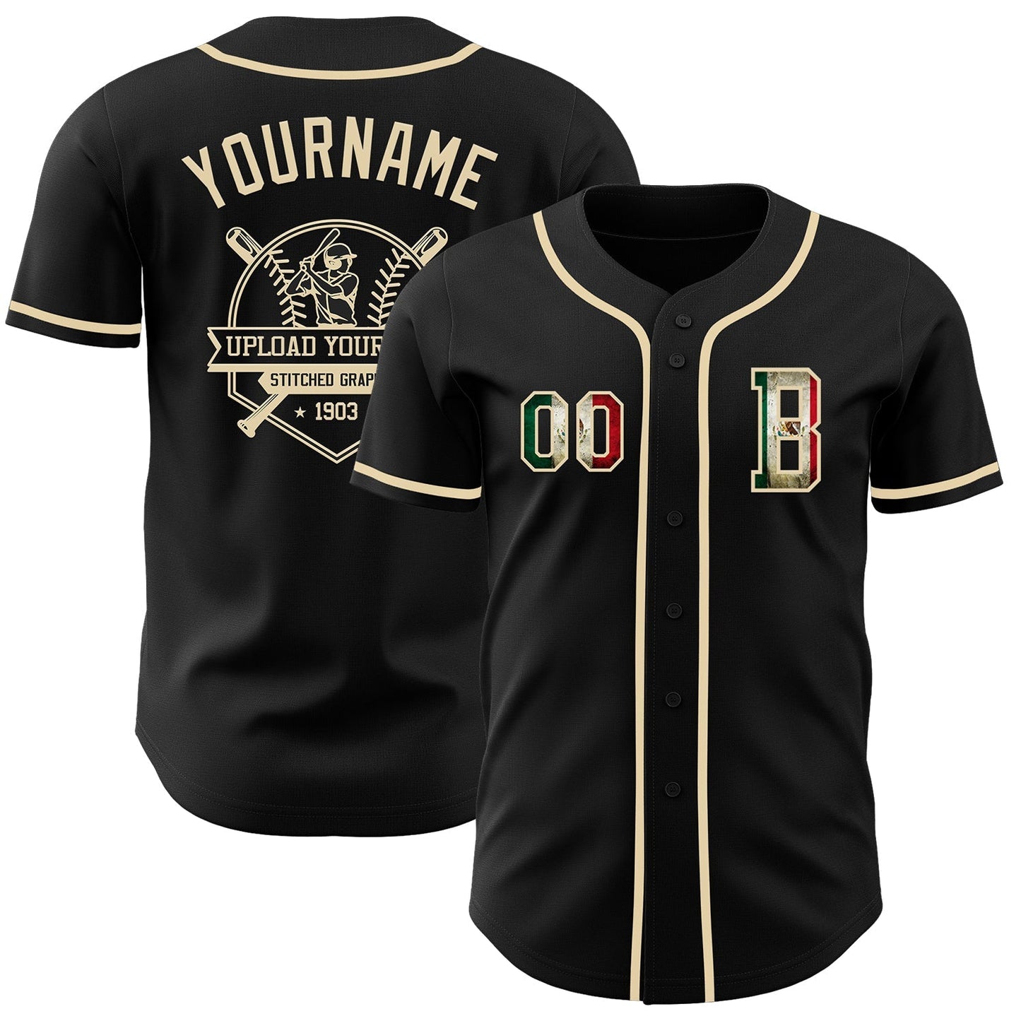 Custom Black Vintage Mexican Flag-Cream Authentic Baseball Jersey baseball jersey product view 5
