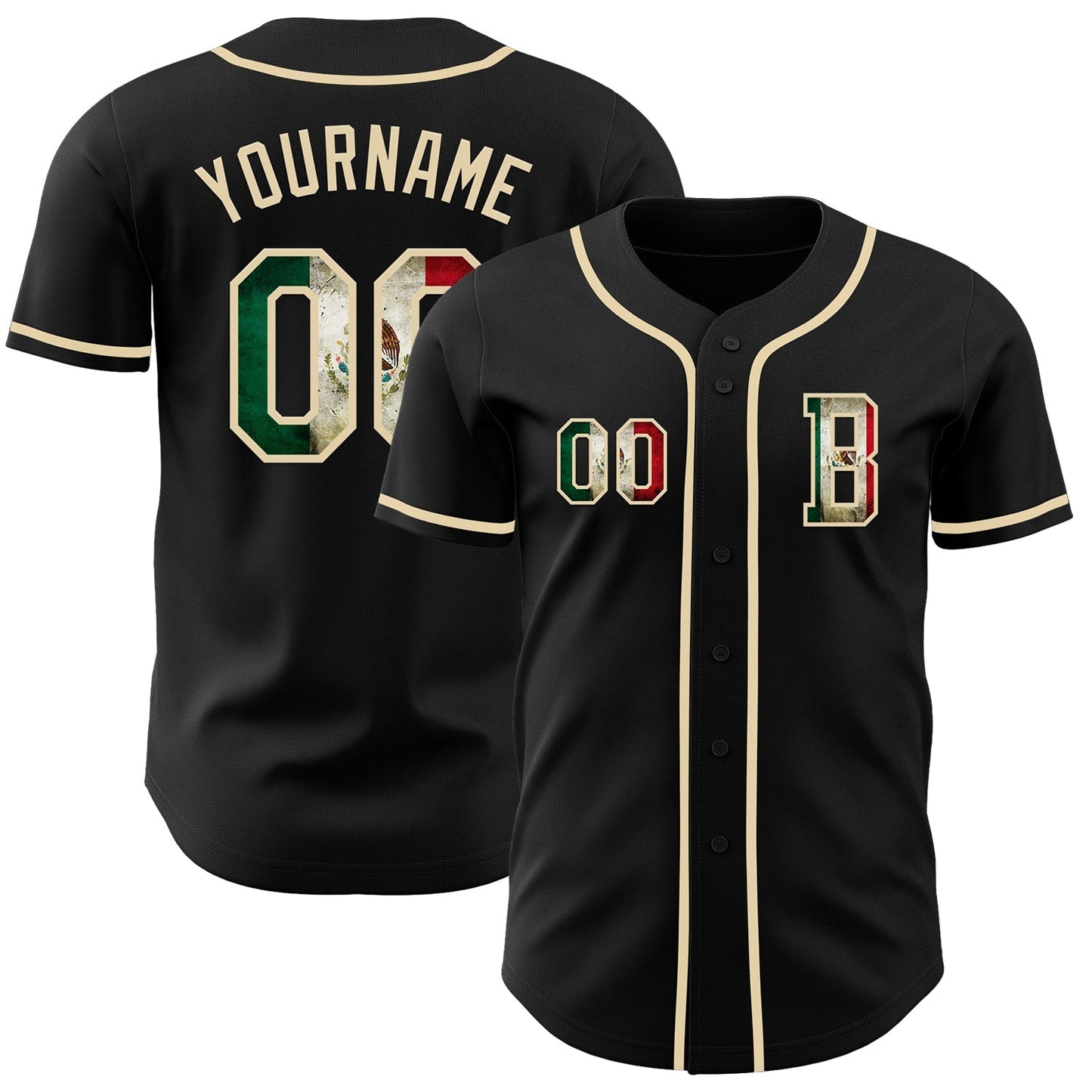 Custom Black Vintage Mexican Flag-Cream Authentic Baseball Jersey baseball jersey product view 1