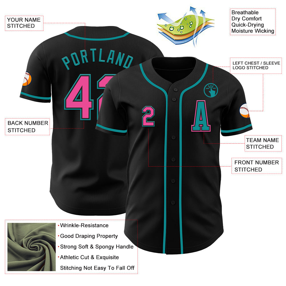 Custom Black Pink-Teal Authentic Baseball Jersey baseball jersey product view 2