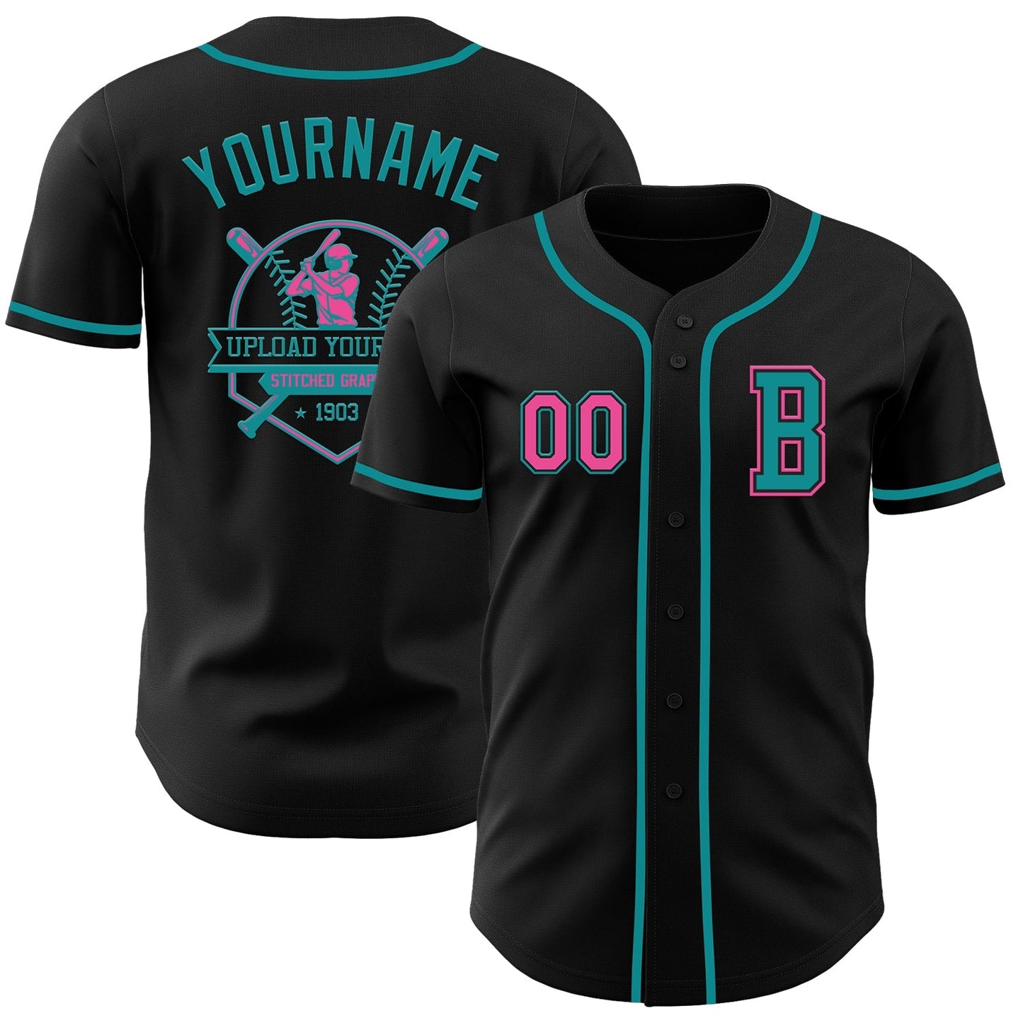 Custom Black Pink-Teal Authentic Baseball Jersey baseball jersey product view 5