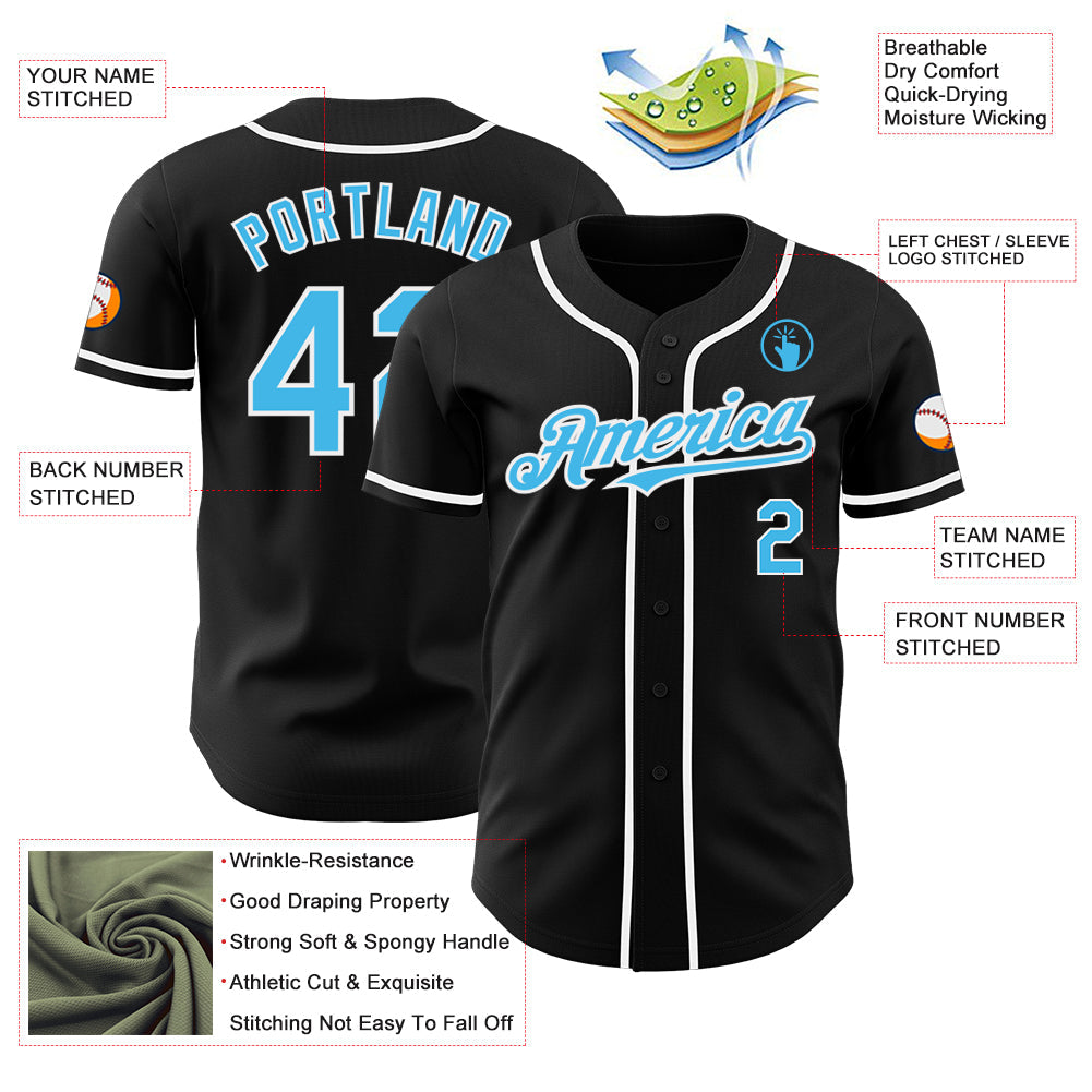 Custom Black Sky Blue-White Authentic Baseball Jersey baseball jersey product view 3