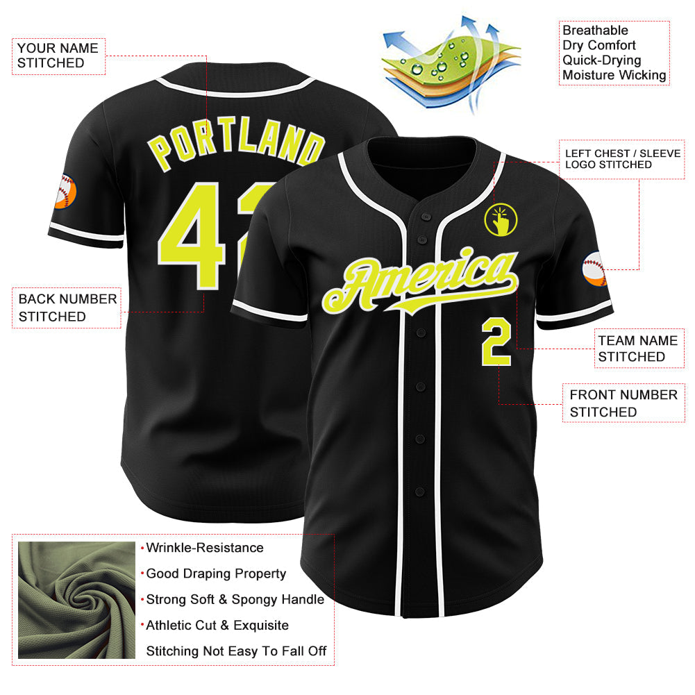 Custom Black Neon Yellow-White Authentic Baseball Jersey baseball jersey product view 3