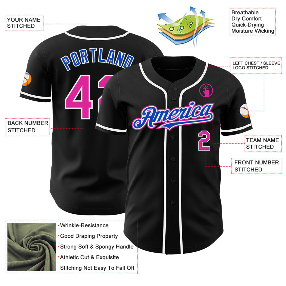 Custom Black Deep Pink Thunder Blue-White Authentic Baseball Jersey baseball jersey product view 3