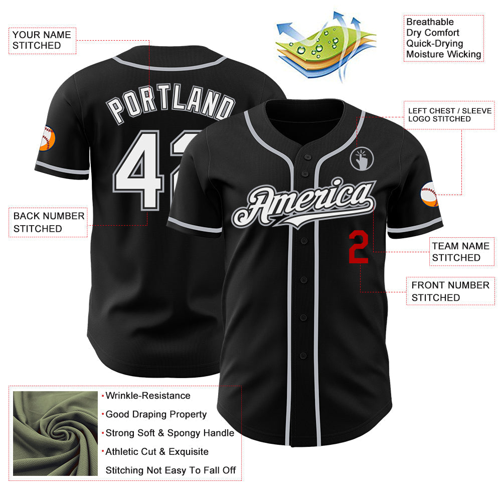 Custom Black White Gray-Red Authentic Baseball Jersey baseball jersey product view 3