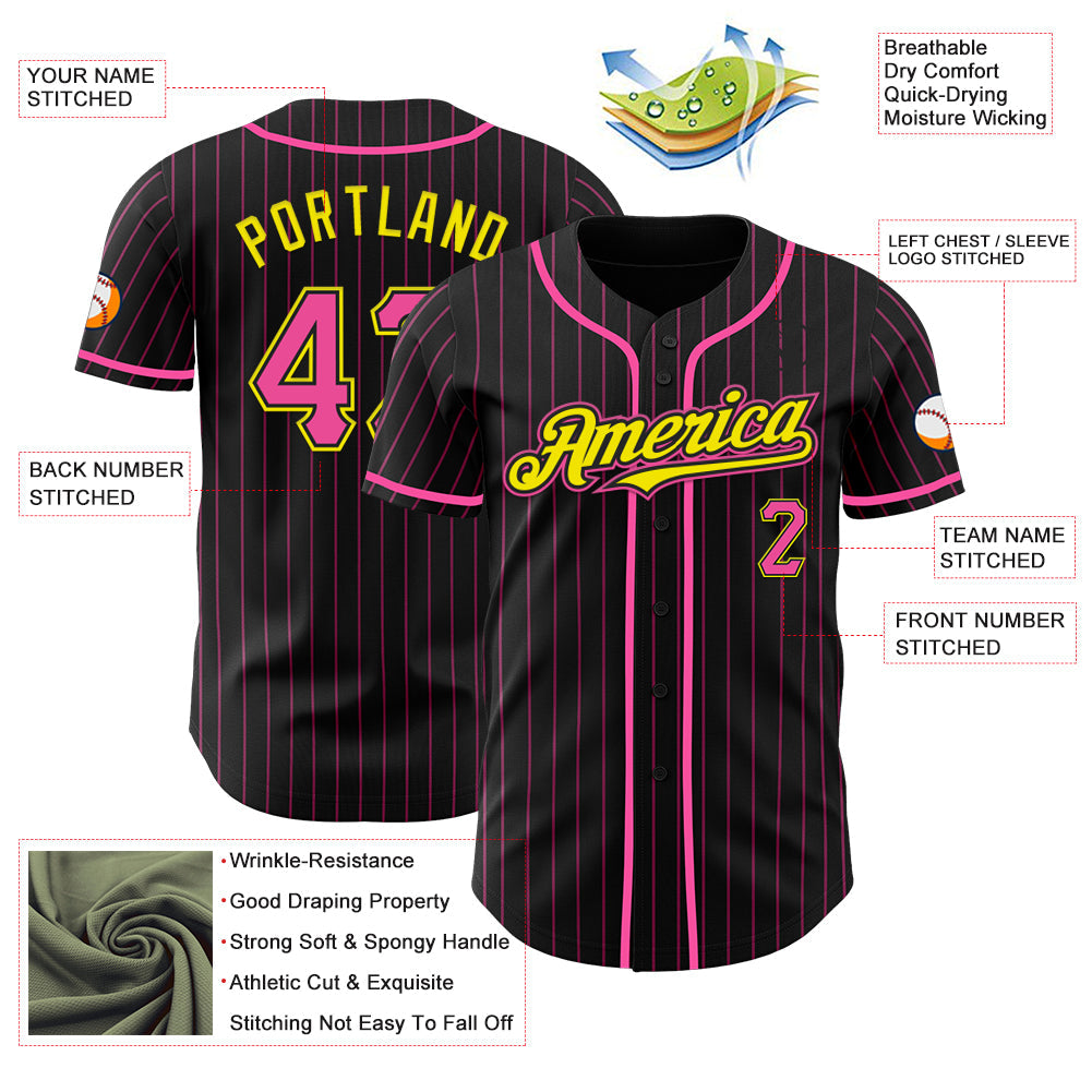 Custom Black Pink Pinstripe Light Yellow Authentic Baseball Jersey baseball jersey product view 3