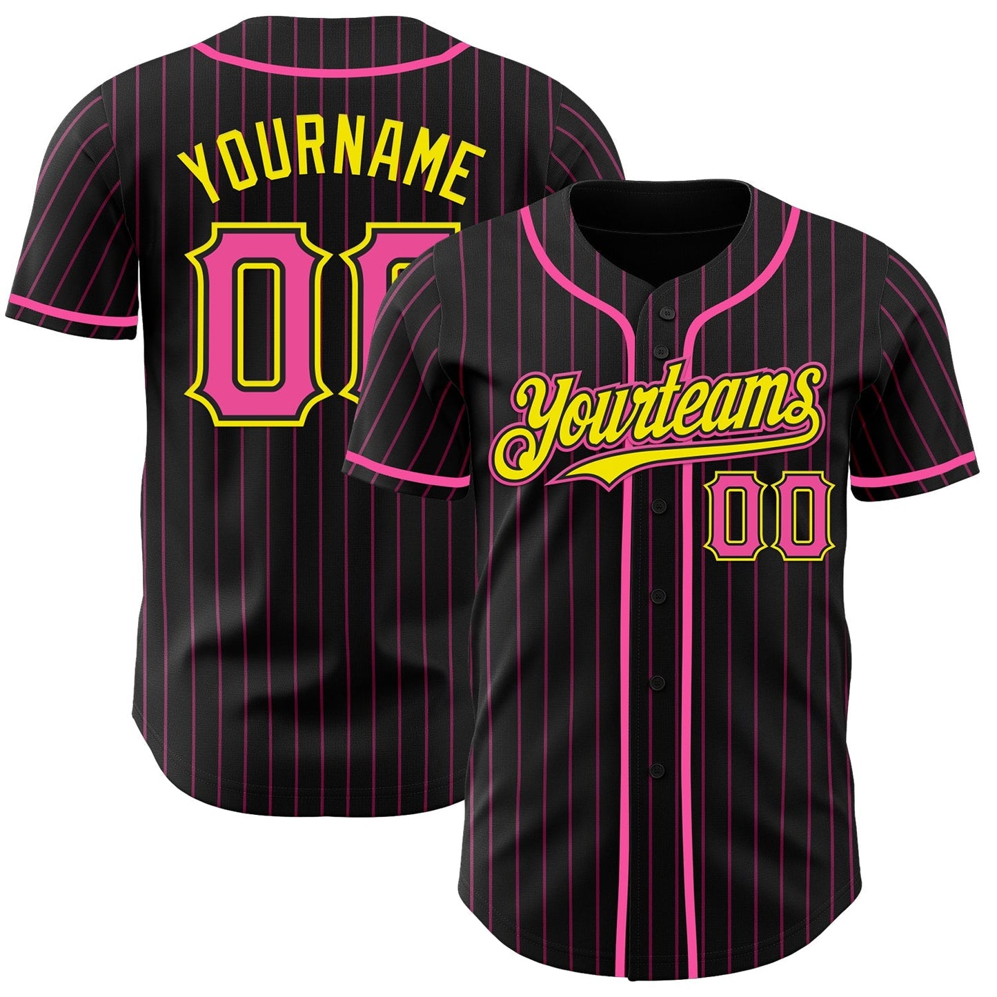 Custom Black Pink Pinstripe Light Yellow Authentic Baseball Jersey baseball jersey product view 1