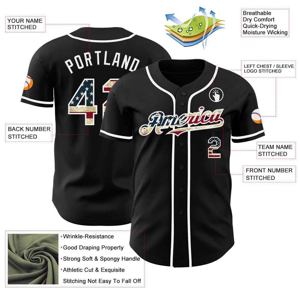 Custom Black Vintage USA Flag-White Authentic Baseball Jersey baseball jersey product view 3