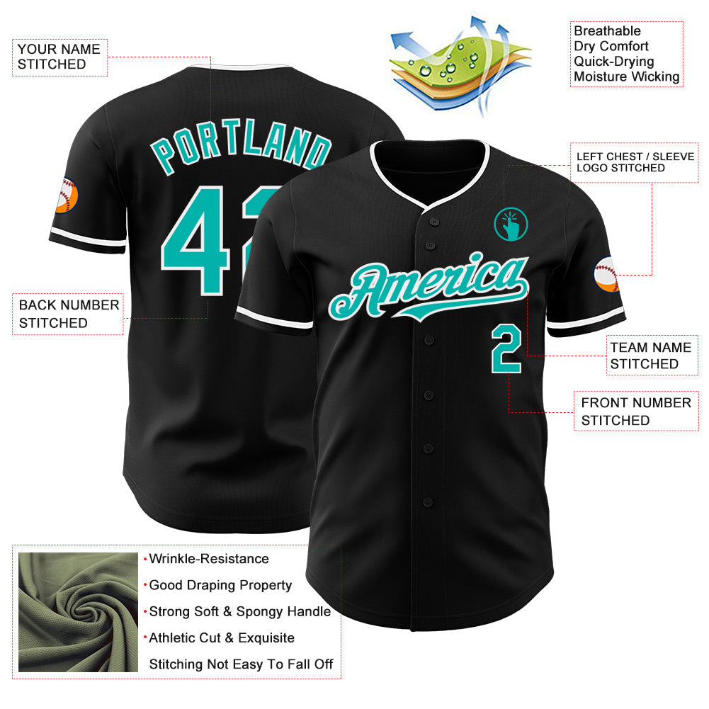 Custom Black Aqua-White Authentic Baseball Jersey baseball jersey product view 3