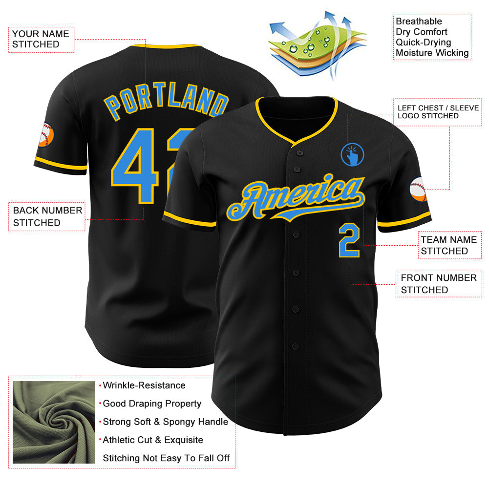Custom Black Electric Blue-Yellow Authentic Baseball Jersey baseball jersey product view 3
