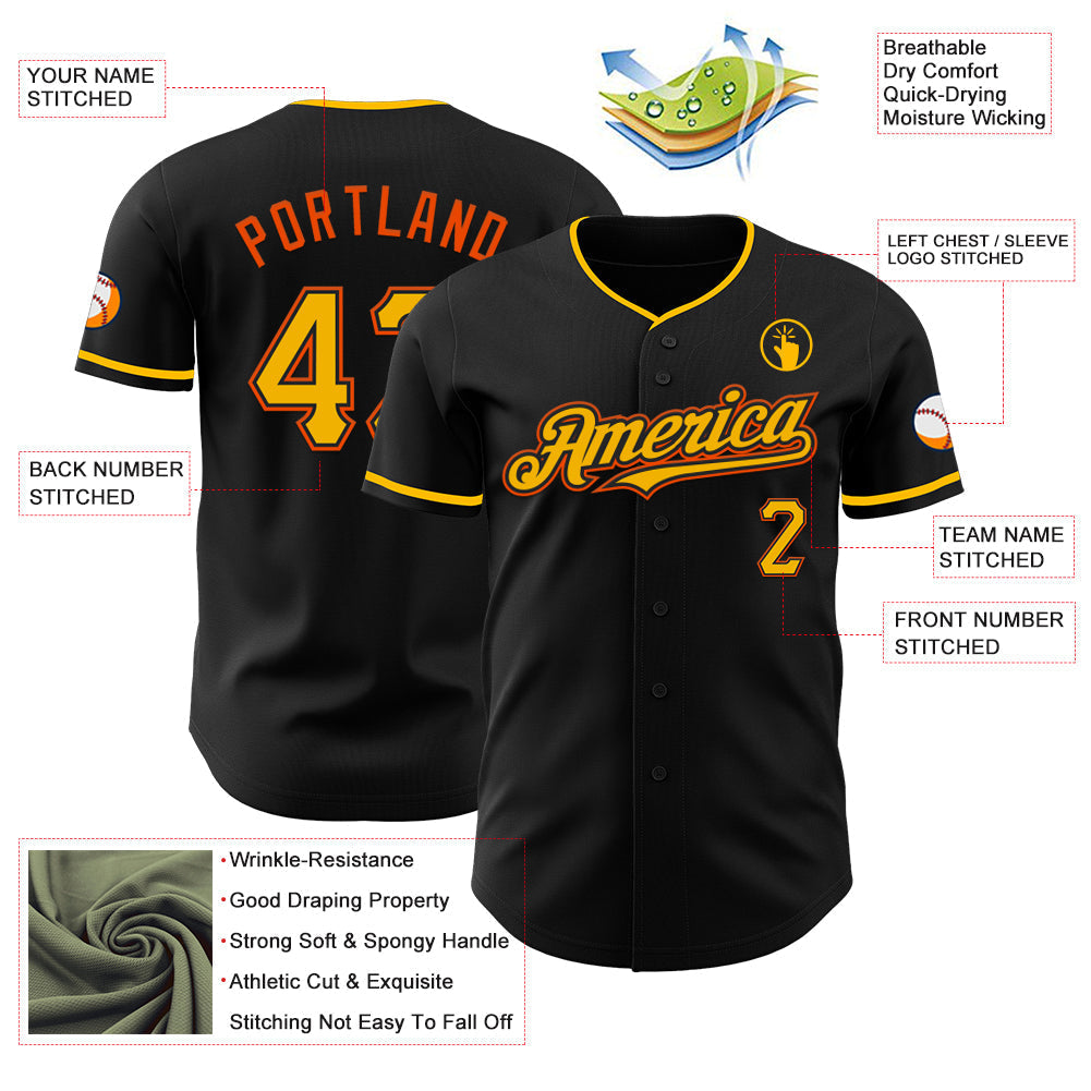 Custom Black Gold-Orange Authentic Baseball Jersey baseball jersey product view 3