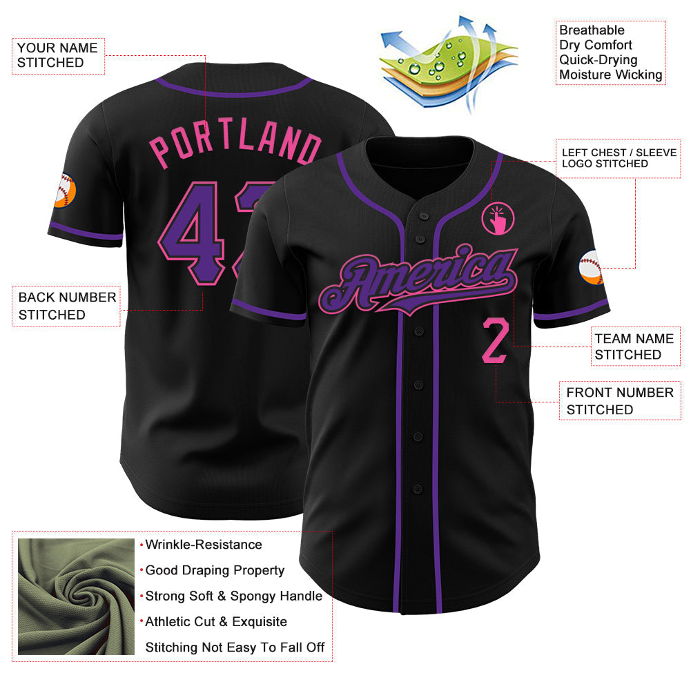 Custom Black Purple-Pink Authentic Baseball Jersey baseball jersey product view 3