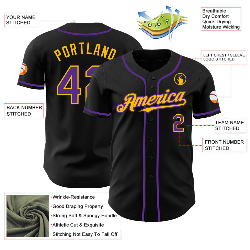 Custom Black Purple-Gold Authentic Baseball Jersey baseball jersey product view 3