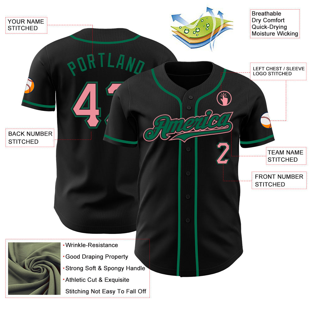 Custom Black Medium Pink-Kelly Green Authentic Baseball Jersey baseball jersey product view 3