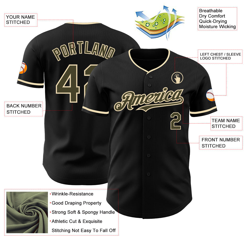 Custom Black Olive-Cream Authentic Baseball Jersey baseball jersey product view 3