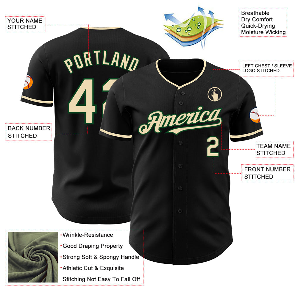 Custom Black Cream-Green Authentic Baseball Jersey baseball jersey product view 3