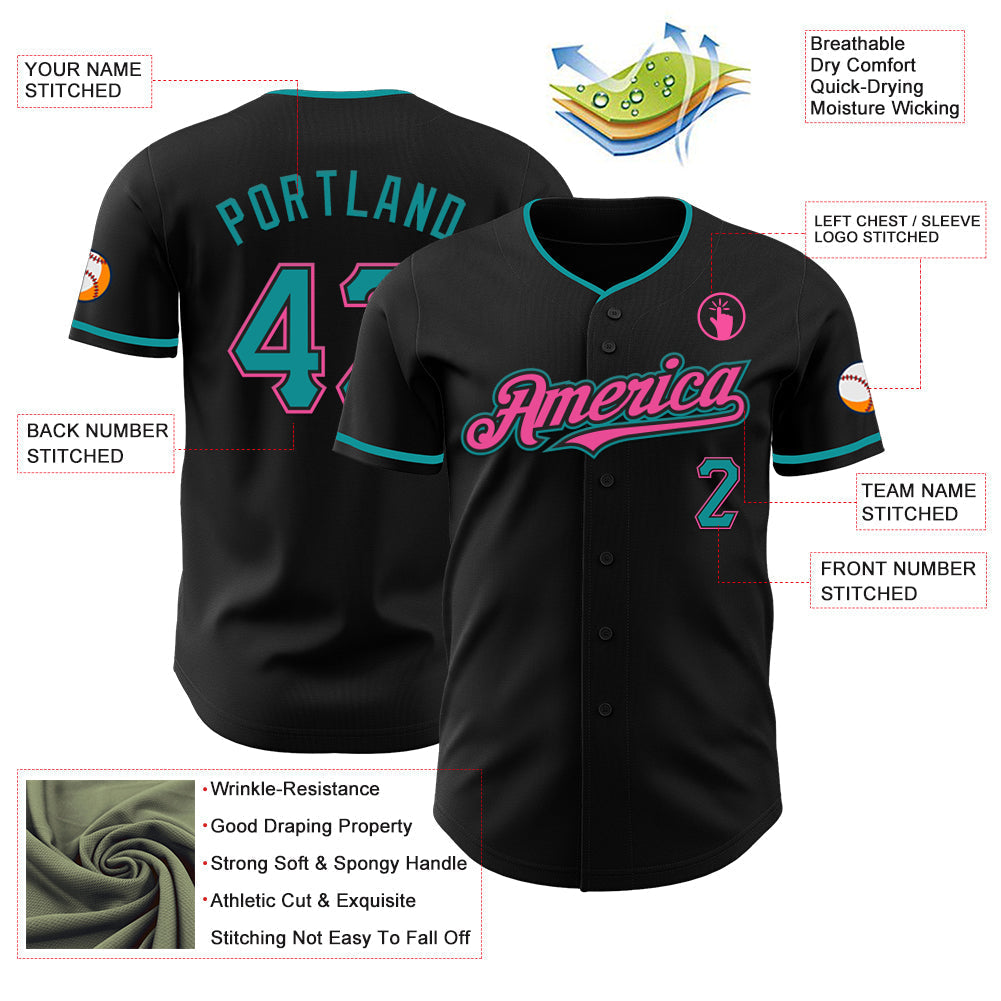 Custom Black Teal-Pink Authentic Baseball Jersey baseball jersey product view 3