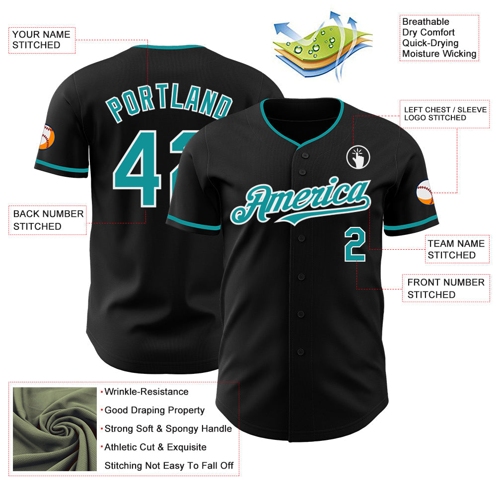 Custom Black Teal-White Authentic Baseball Jersey baseball jersey product view 3
