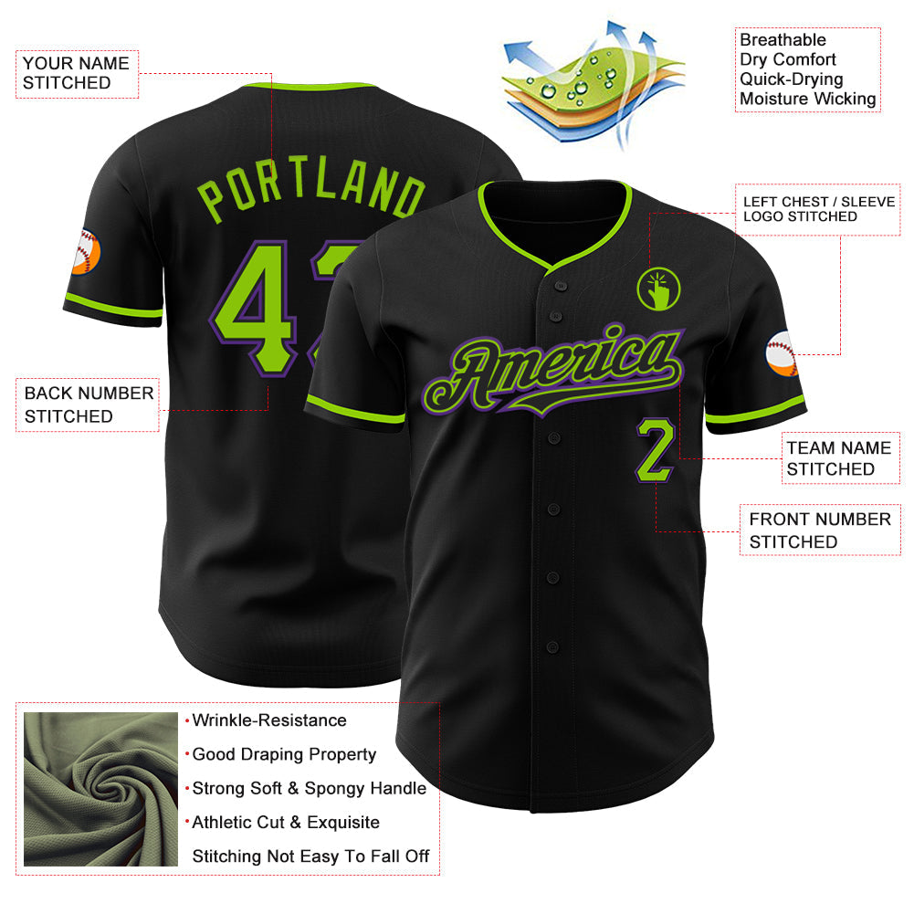Custom Black Neon Green-Purple Authentic Baseball Jersey baseball jersey product view 3