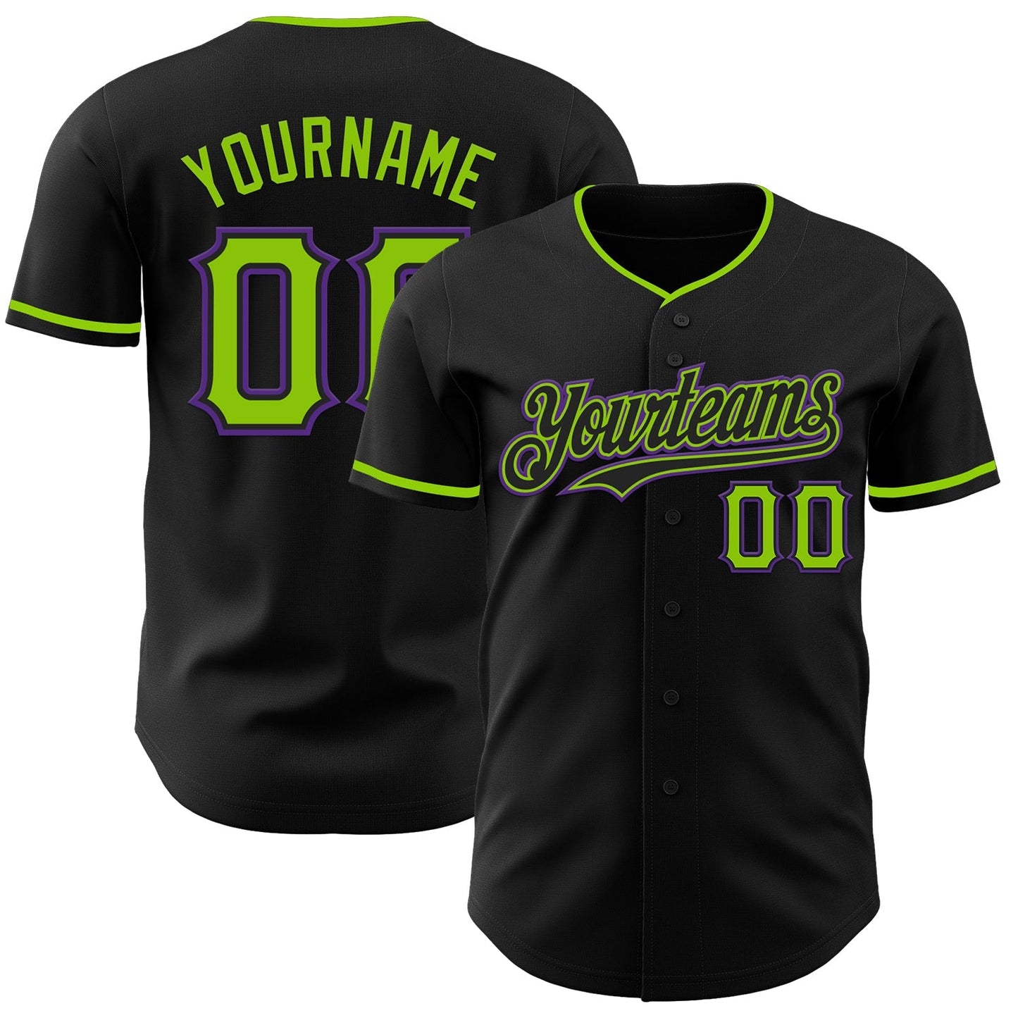 Custom Black Neon Green-Purple Authentic Baseball Jersey baseball jersey product view 1