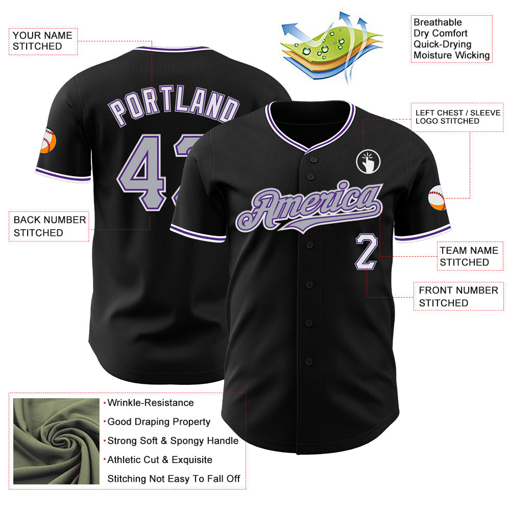 Custom Black Gray Purple-White Authentic Baseball Jersey baseball jersey product view 3