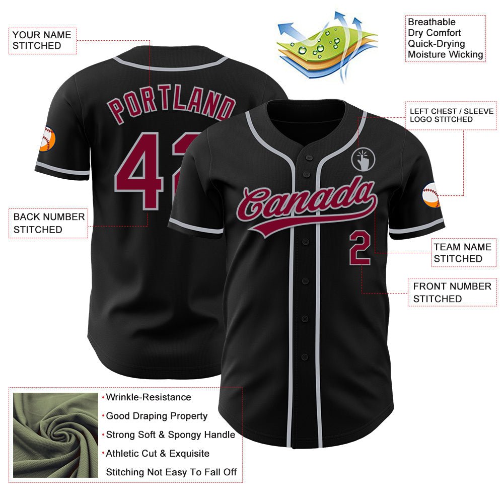 Custom Black Maroon-Gray Authentic Baseball Jersey baseball jersey product view 3
