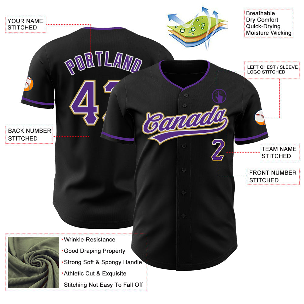 Custom Black Purple White-Old Gold Authentic Baseball Jersey baseball jersey product view 3